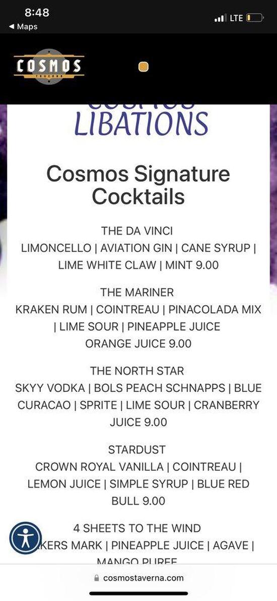 Menu at Cosmos Taverna pub & bar, Victorville