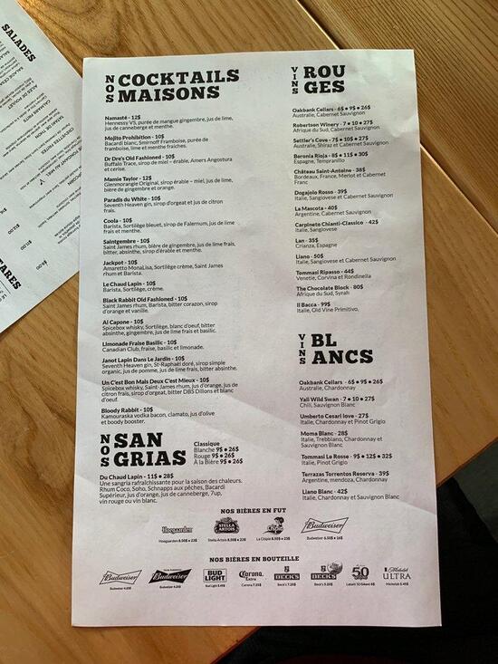 Menu au Le White Rabbit pub et bar, Repentigny