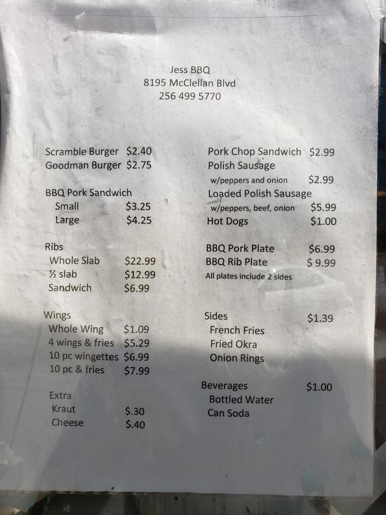 Menu at Jess Southern BBQ, Anniston, McClellan Blvd
