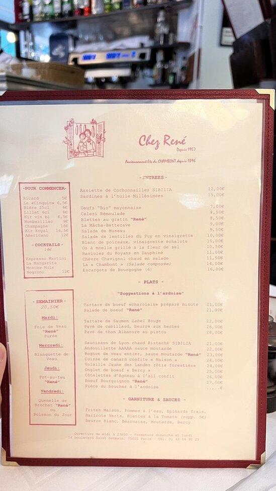 Menu at Chez René restaurant, Paris, 14 Bd Saint-Germain