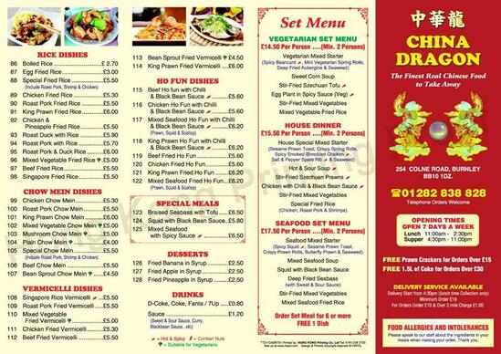 Menu at Tung Lok cafe, Burnley