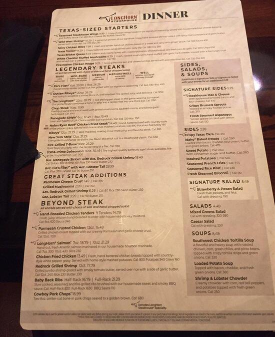 Menu at LongHorn Steakhouse, Waco