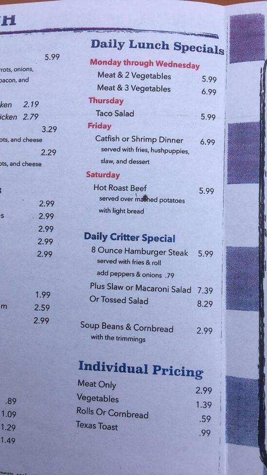 Carta del restaurante Critter's Corner, Mosheim