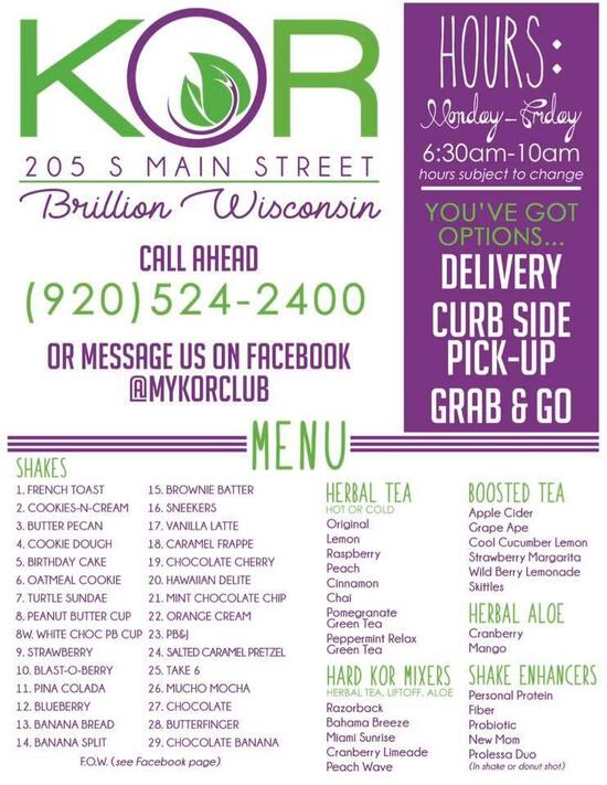 Menu at KOR restaurant, Brillion