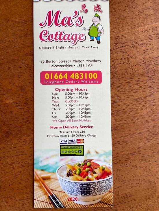 Ma's cottage in Melton Mowbray Restaurant menu and reviews