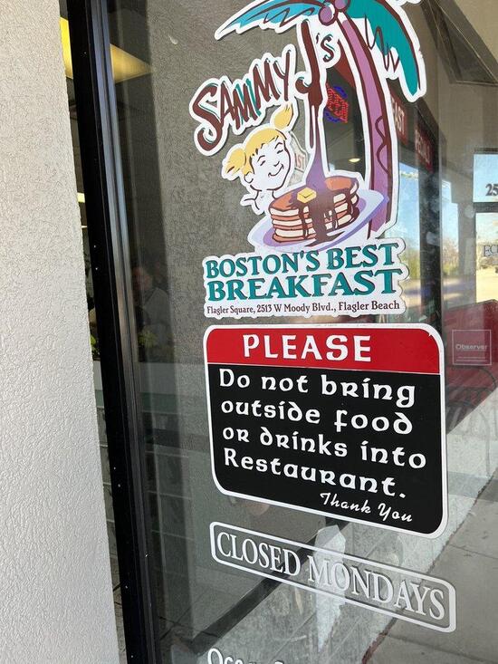 If hungry, come here for good bacon, sausages and hash browns. Menu at Sammy J's Boston's Best Breakfast restaurant, Flagler Beach