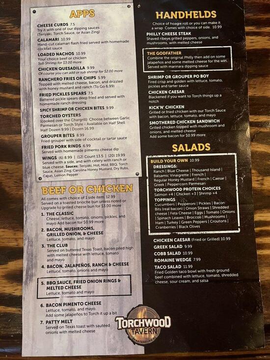 Menu at Torchwood Tavern restaurant, Spartanburg