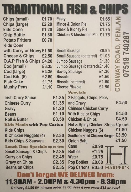 Menu at Harper's Fish & Chips restaurant, Swansea