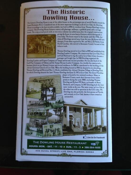 Menu at Dowling House restaurant, Live Oak