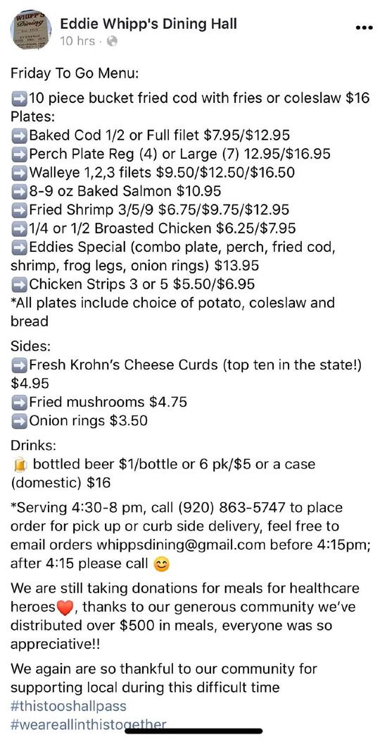 Menu at Eddie Whipp's Dining Hall restaurant, Green Bay