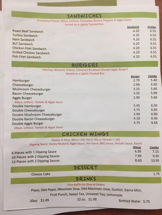 Menu at Aggie's Hot Subs restaurant, Wilson