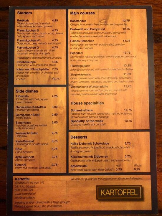 Menu at Restaurant Kartoffel, Utrecht, Oudegracht aan de Werf 145
