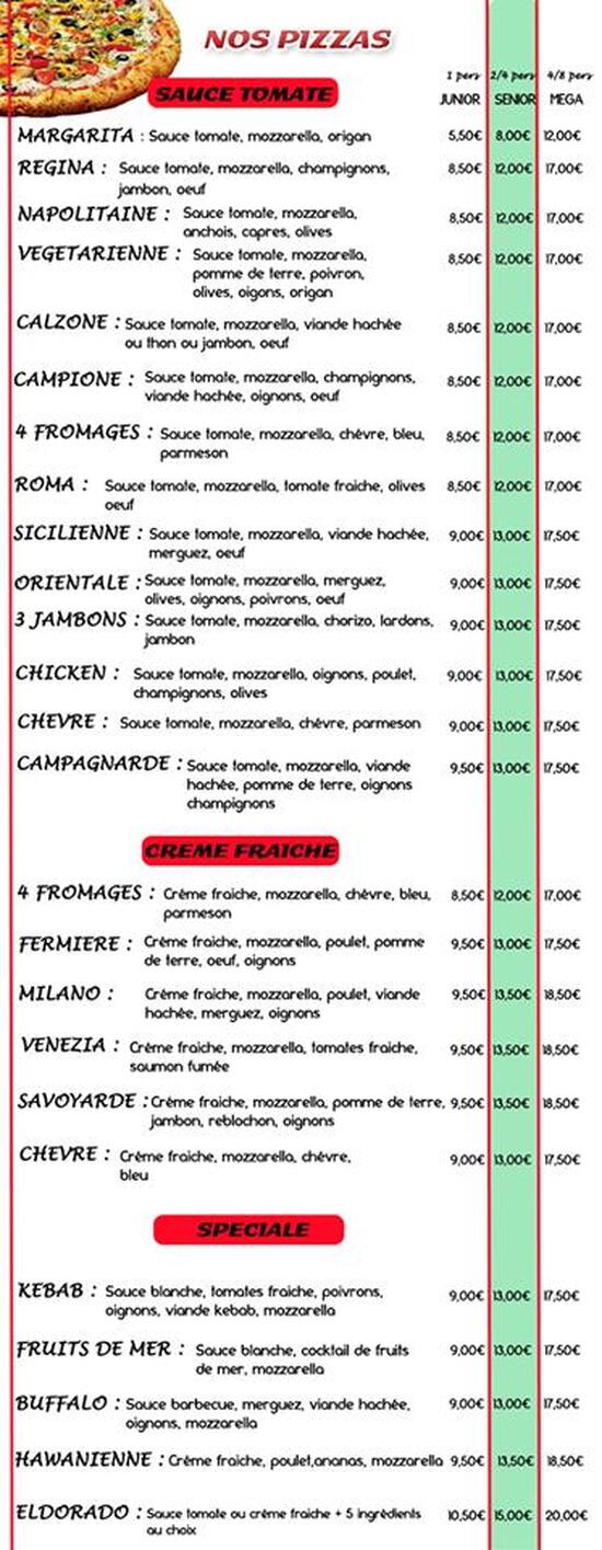 Menu at Eldoradopizza pizzeria, Amiens