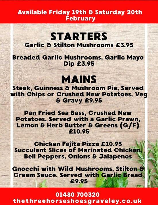 Carta del pub y bar Three Horseshoes, Graveley