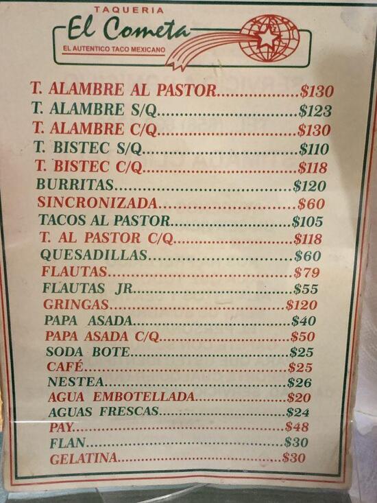 Menu at El Cometa restaurant, Ciudad Juarez, Av. López Mateos 1416