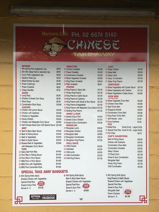 Menu at Mariner's Cafe Chinese Takeaway, Chinderah