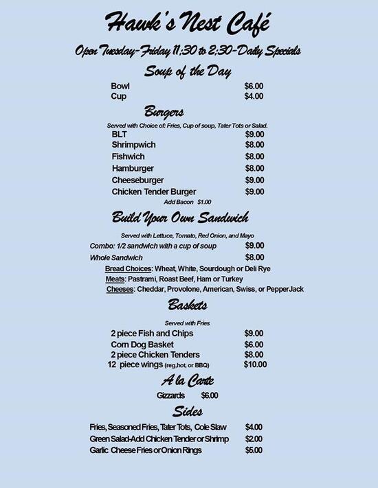 Menu at Hawk's Nest Cafe, Anacortes