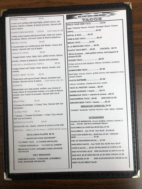 Menu at Downtown Tacos restaurant, Lake Jackson