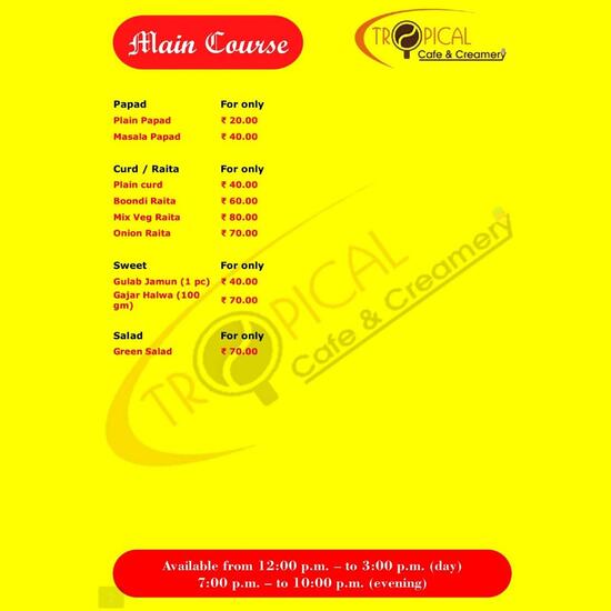 Menu at Tropical cafe and creamery, Srinagar