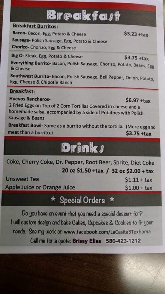 Menu at La Casita 3 restaurant, Texhoma