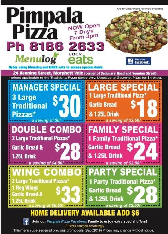 Menu at Pimpala Pizza pizzeria, Morphett Vale, 24 Venning St