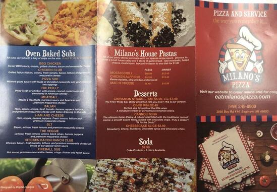 Menu at Milano's Pizza pizzeria, Saginaw