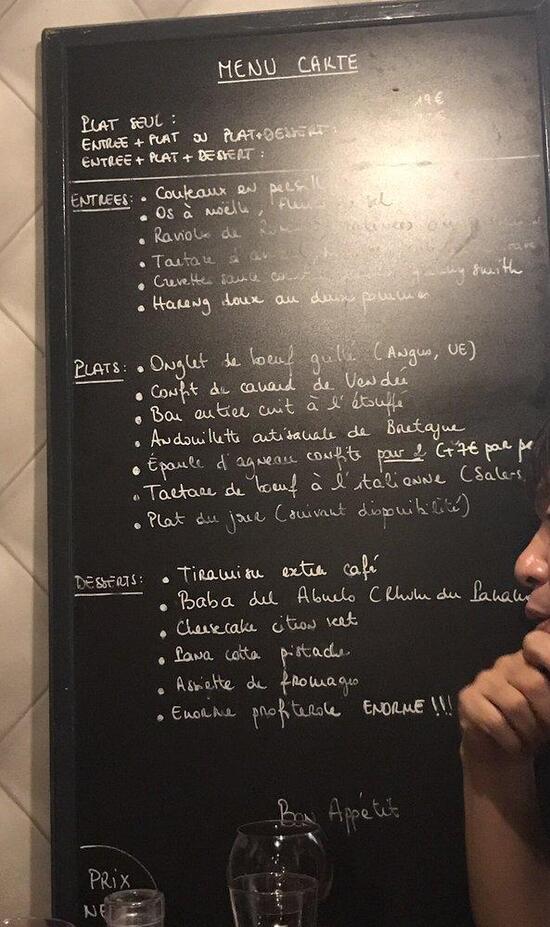 Menu at Le Pré Salé restaurant, Paris, 22 Rue du Moulin des Prés