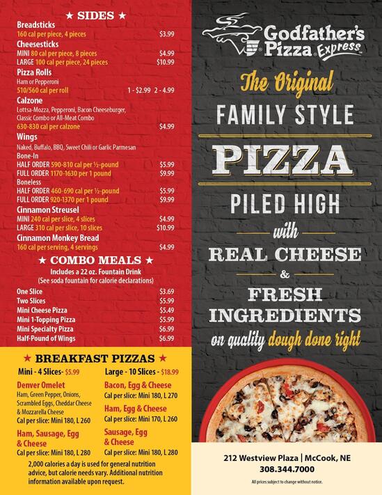 Menu At Godfathers Pizza Express Pizzeria Mccook