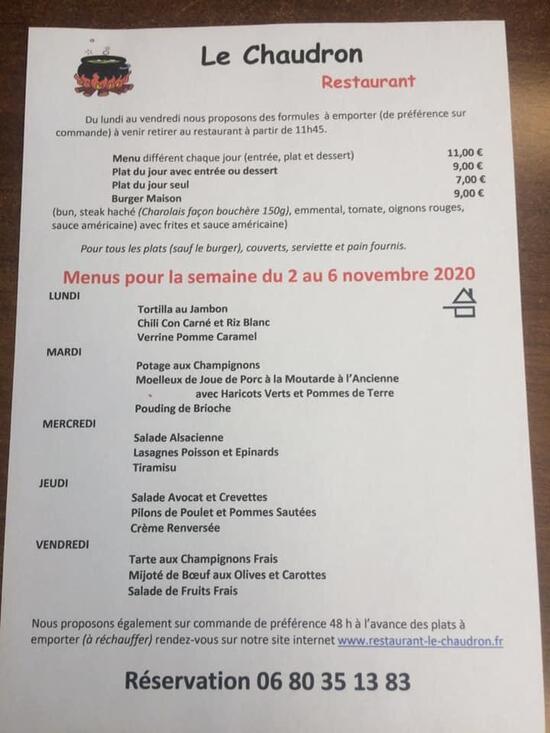 Menu au Le Chaudron restaurant, La ChapelleauxBois