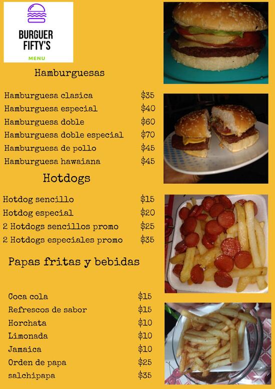 Menu at Fifty burger restaurant, Cancún