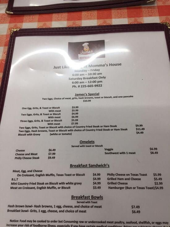 Menu at James Restaurant, Denham Springs