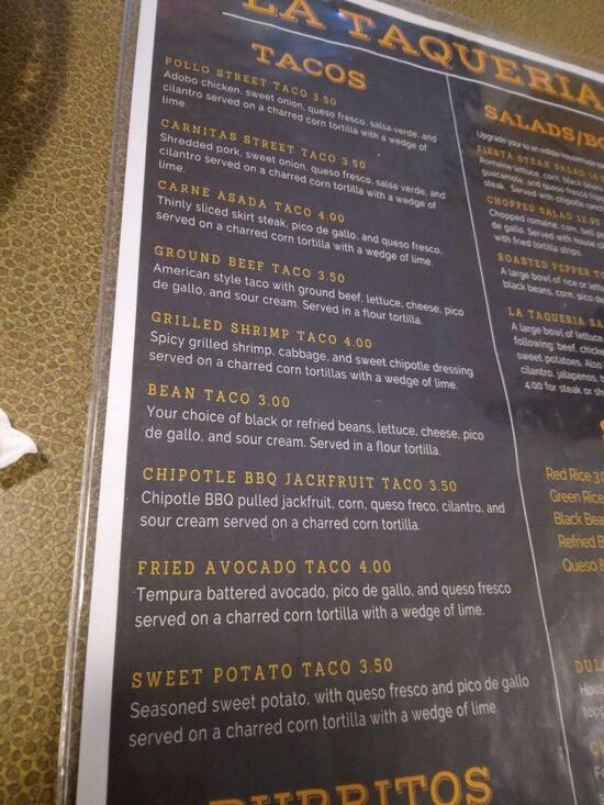 Menu at The Cowboy's Taqueria restaurant, Cobleskill