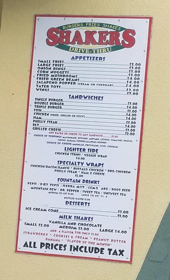 Menu at Shakers DriveThru fast food, Bronson