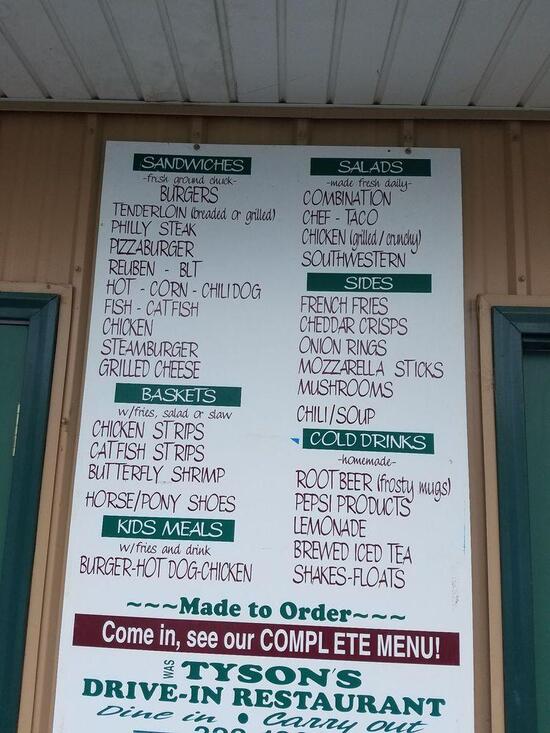 Menu at Tyson's Diner restaurant, Beardstown