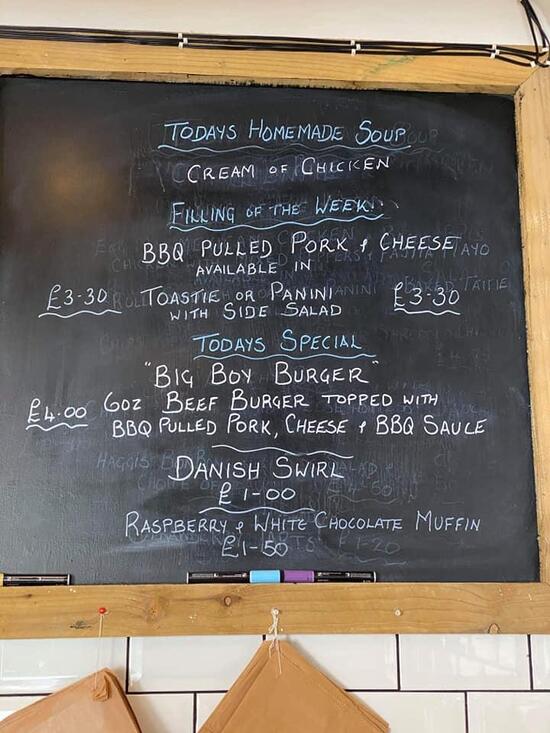 Menu at Shirley’s Takeaway cafe, Beith