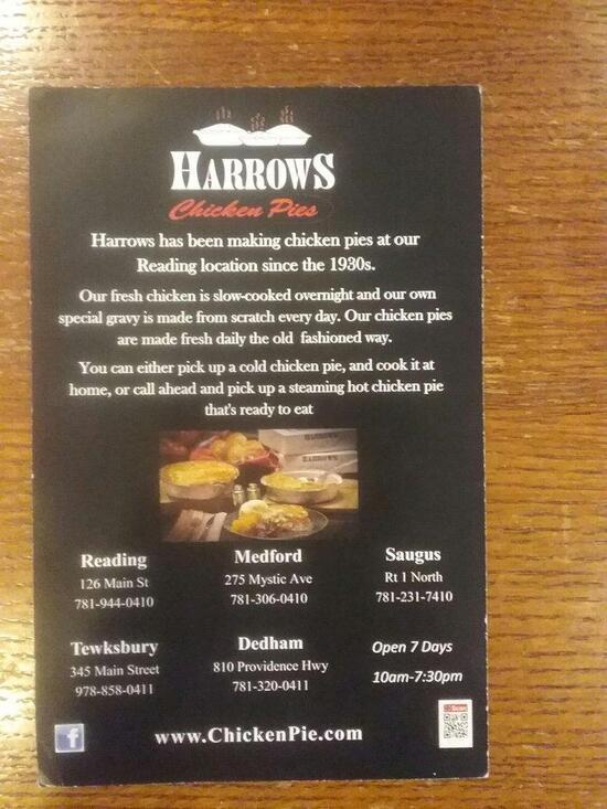 Harrows Chicken Pies, 126 Main St in Reading Restaurant menu and reviews