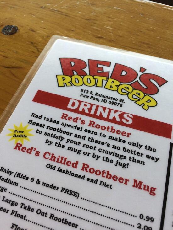Menu at Red's Root Beer restaurant, Paw Paw, 319 S. Kalamazoo St.
