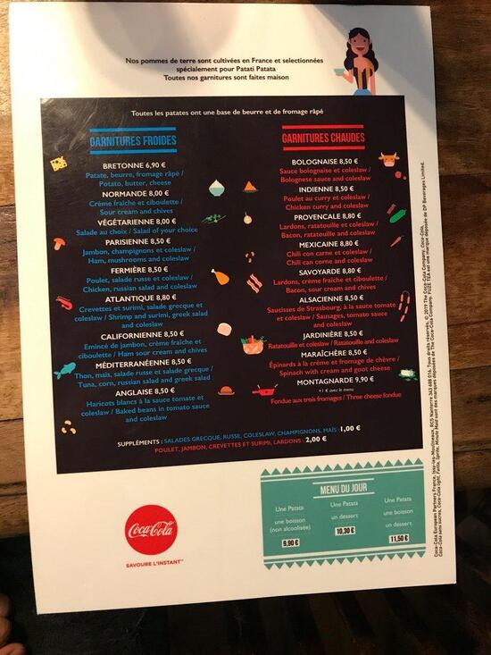Menu at Patati Patata Paris fast food, Paris, 51 Rue de Lappe