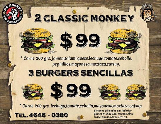 Menu at Mr. Monkey Burgers & Fries restaurant, Monterrey