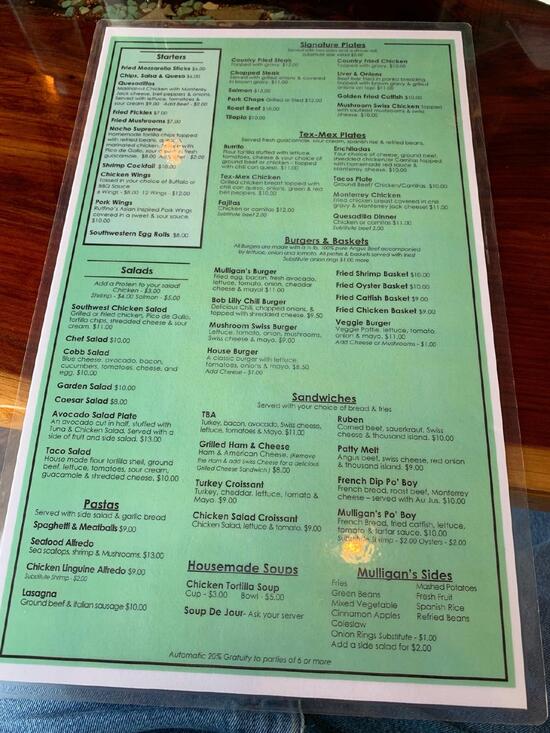 Menu at Mulligan’s restaurant,