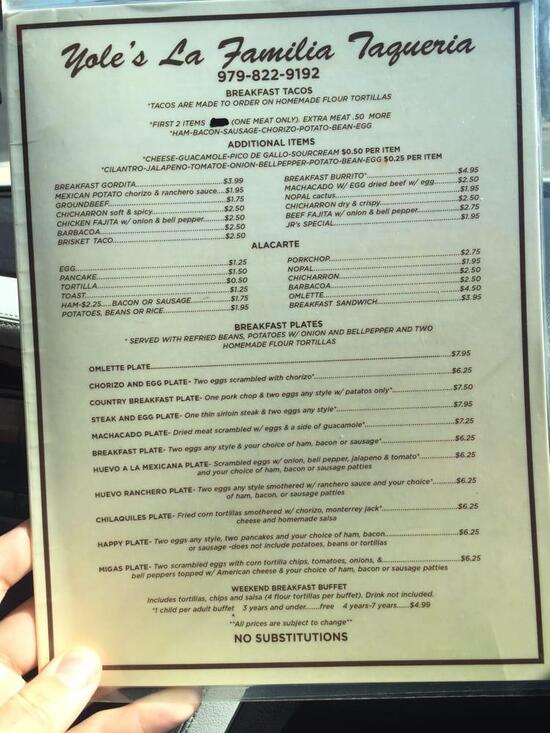 Menu at La Familia restaurant, Bryan, 300 N Texas Ave