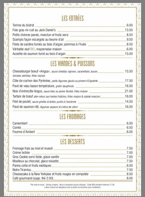 Menu at BISTROT Madame restaurant, Paris