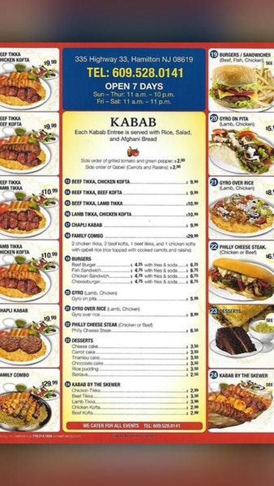 Menu at Aryana Kabab & Grill restaurant, Hamilton Township
