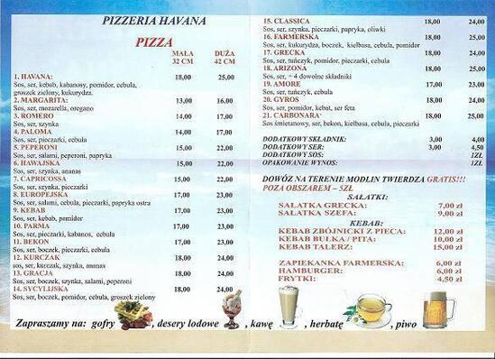 Menu at Pizzeria Havana, Nowy Dwór Mazowiecki, Pułkownika Edwarda
