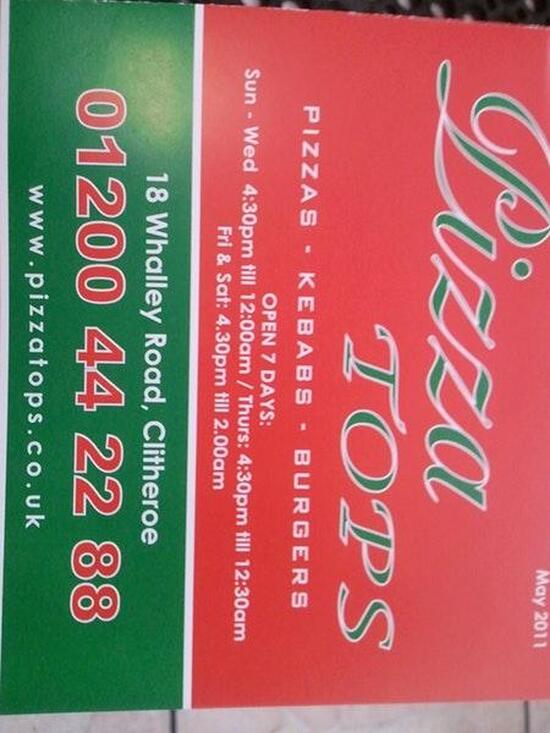 Menu at Pizza Tops pizzeria, Clitheroe