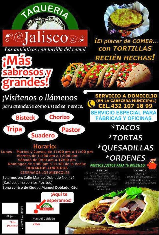 Menu at Taquería Jalisco restaurant, Manuel Doblado