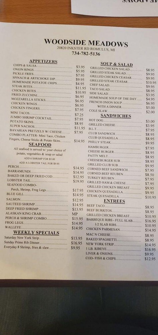 Menu at Woodside Meadows restaurant, Romulus, Inkster Rd