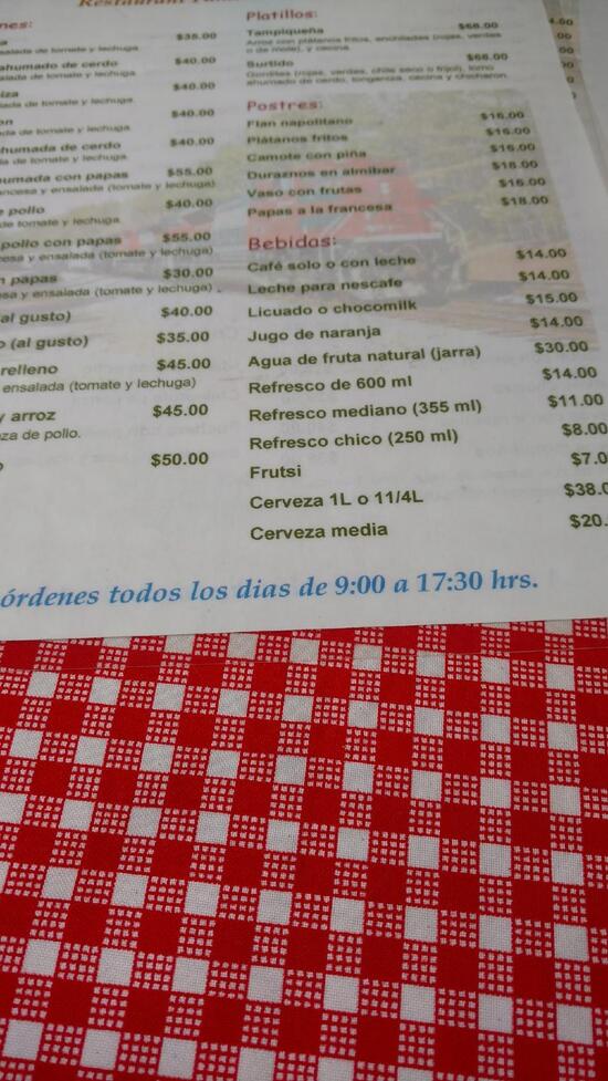 Menu at Los Pinos restaurant, Banderilla