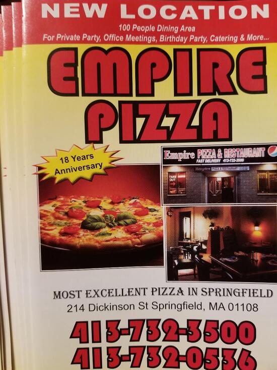 Menu at Empire Pizza pizzeria, Springfield, 139 Dwight St