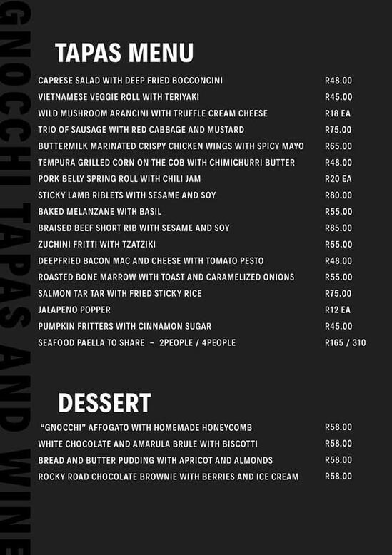 Menu at Gnocchi restaurant, Betty's Bay